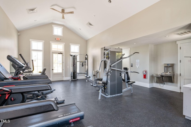 workout area with lofted ceiling