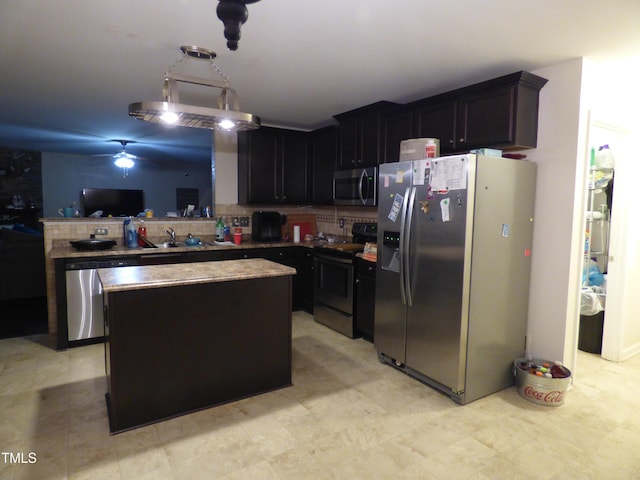 kitchen with a center island, tasteful backsplash, appliances with stainless steel finishes, open floor plan, and a sink