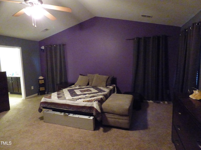 bedroom featuring lofted ceiling, carpet floors, ceiling fan, and visible vents