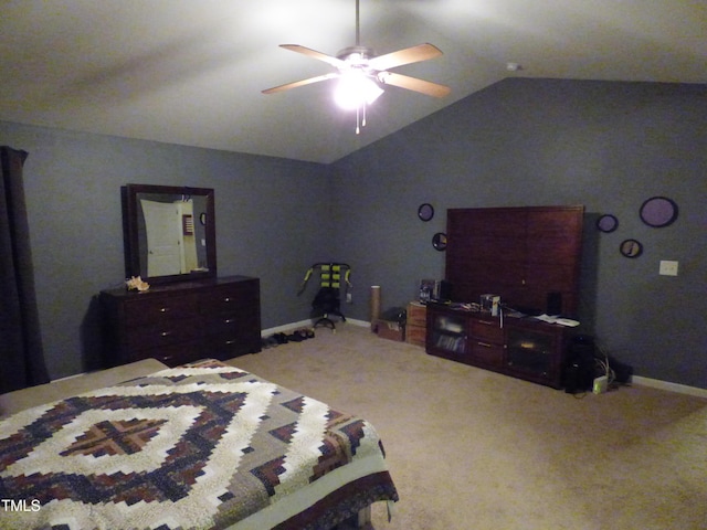 carpeted bedroom featuring ceiling fan, baseboards, and vaulted ceiling