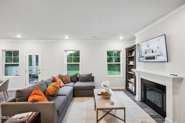 living room featuring ornamental molding and light hardwood / wood-style floors