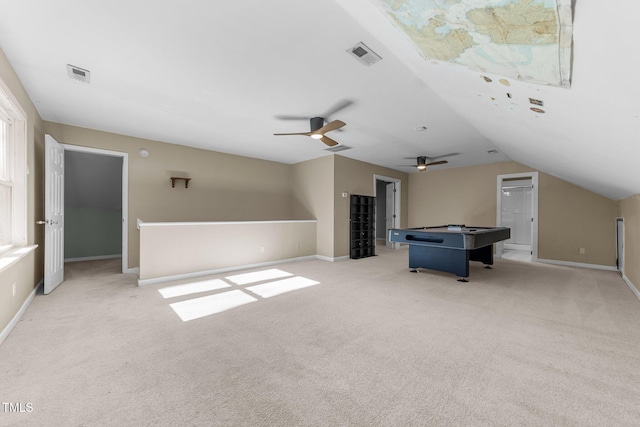 game room with ceiling fan, billiards, light carpet, and vaulted ceiling