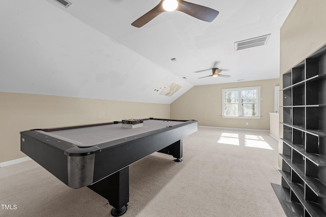 game room featuring ceiling fan, billiards, carpet floors, and lofted ceiling