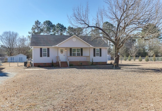 single story home featuring central AC and a porch