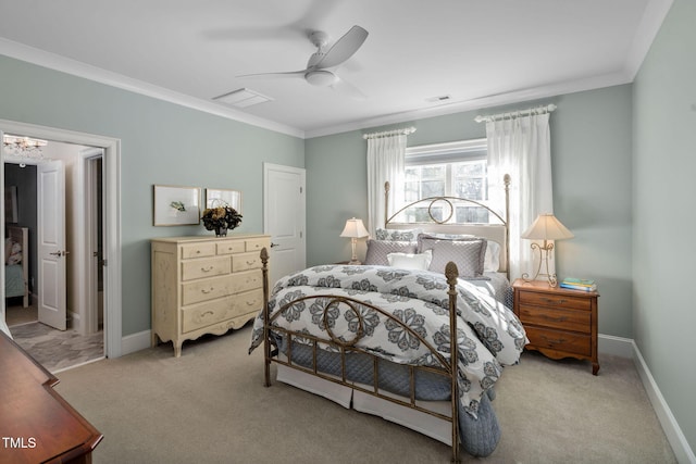 bedroom with light carpet, ceiling fan, and crown molding