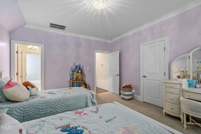 bedroom with light carpet, a chandelier, and ornamental molding