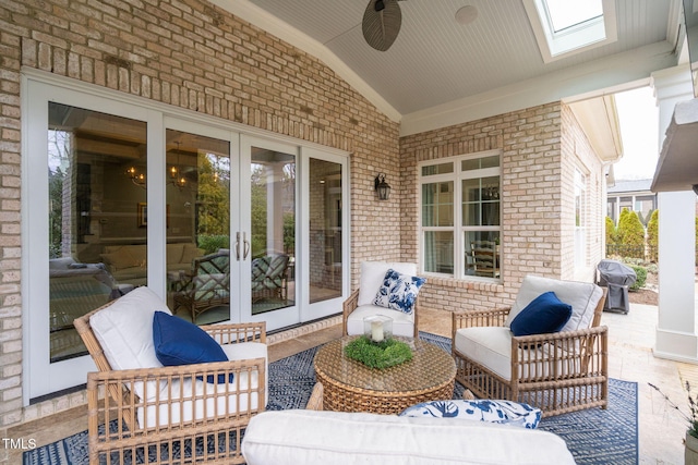 view of patio / terrace with ceiling fan, french doors, a grill, and outdoor lounge area