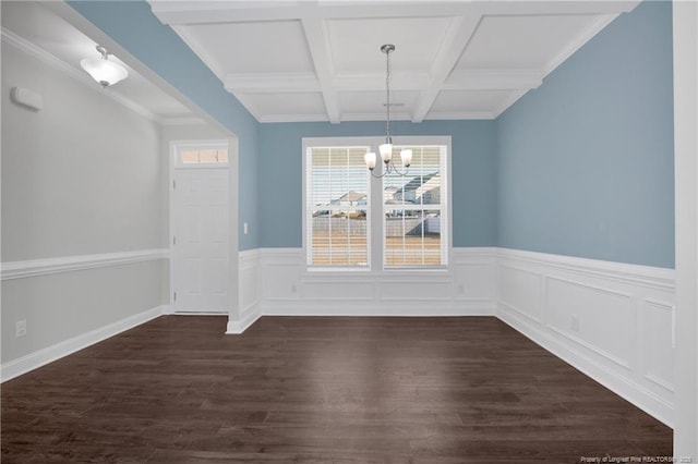 unfurnished dining area with an inviting chandelier, beamed ceiling, ornamental molding, coffered ceiling, and dark wood-type flooring