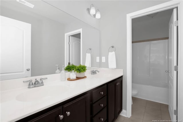 bathroom with toilet, tile patterned flooring, and vanity