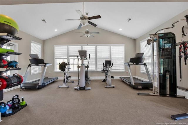 exercise room featuring ceiling fan and vaulted ceiling