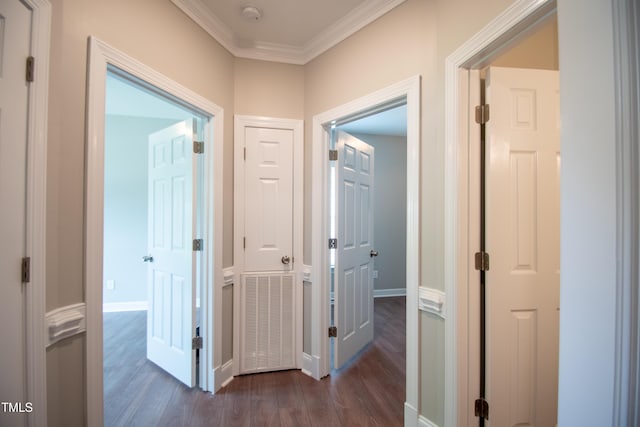 hallway featuring ornamental molding and dark hardwood / wood-style floors