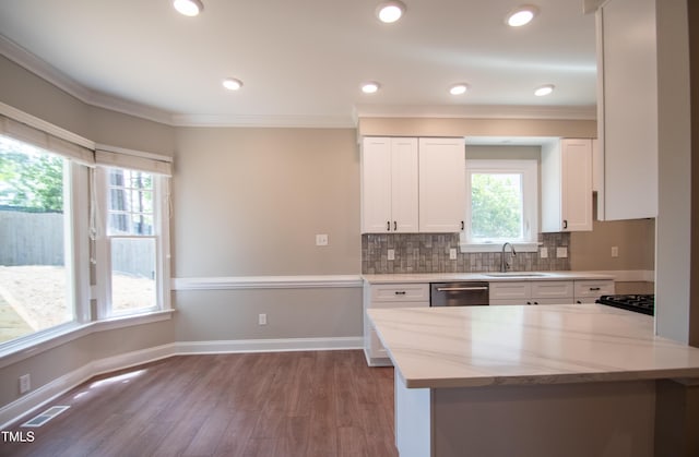 kitchen featuring sink, white cabinets, light stone counters, stainless steel dishwasher, and decorative backsplash