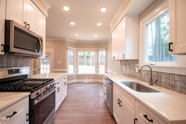 kitchen featuring crown molding, stainless steel appliances, white cabinets, and sink