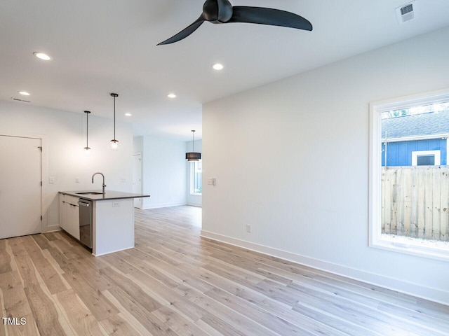 kitchen with dishwasher, a healthy amount of sunlight, pendant lighting, ceiling fan, and sink