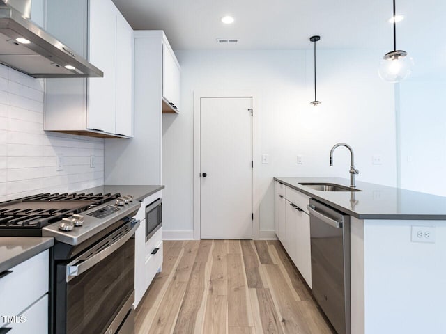 kitchen featuring sink, decorative light fixtures, white cabinetry, exhaust hood, and appliances with stainless steel finishes