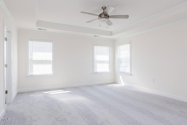 carpeted spare room featuring ceiling fan, ornamental molding, and a tray ceiling