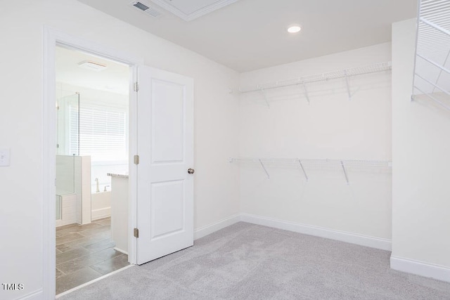 walk in closet featuring light colored carpet