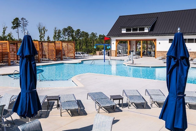 view of swimming pool featuring a patio