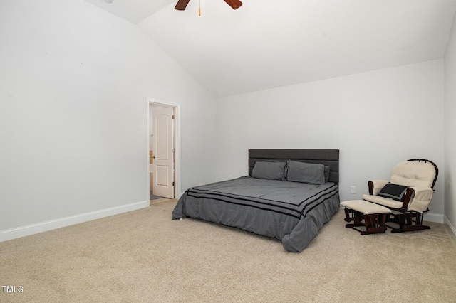 carpeted bedroom featuring vaulted ceiling and ceiling fan