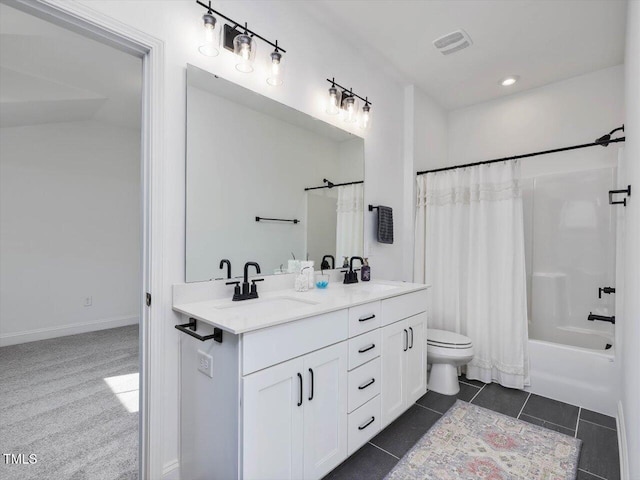 full bathroom featuring shower / bathtub combination with curtain, tile patterned flooring, vanity, and toilet