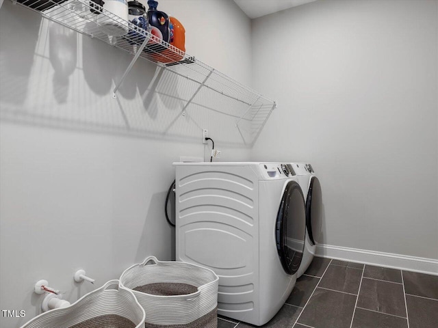 laundry area featuring washer and dryer and dark tile patterned floors