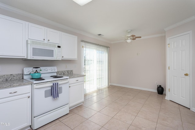 kitchen with ceiling fan, light tile patterned floors, white appliances, ornamental molding, and white cabinets