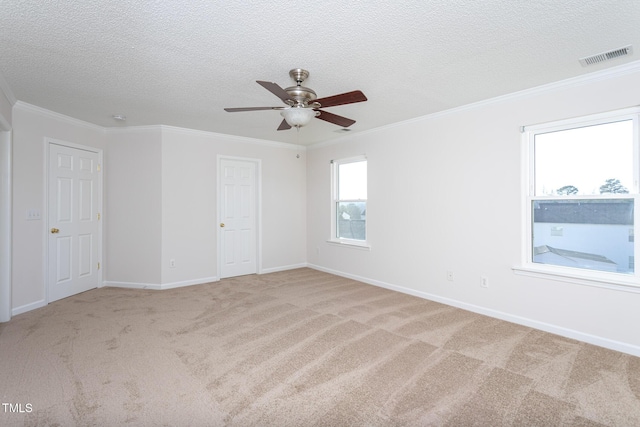 carpeted spare room with ceiling fan, a textured ceiling, and ornamental molding