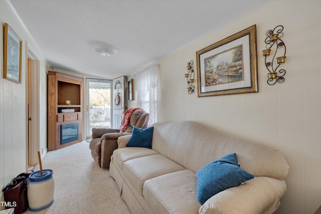 carpeted living room featuring a textured ceiling and ornamental molding