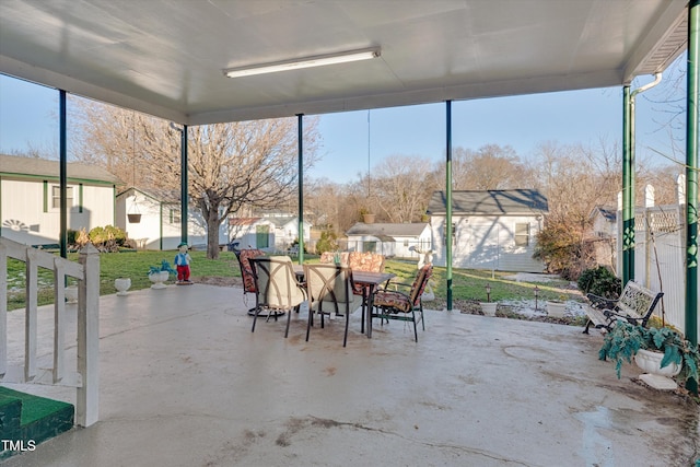 view of patio / terrace with a shed