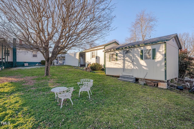 exterior space with a storage shed