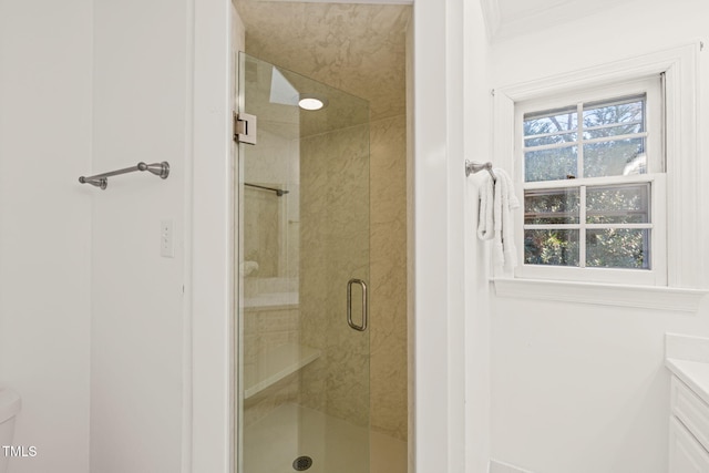 bathroom featuring ornamental molding, vanity, and a shower with door