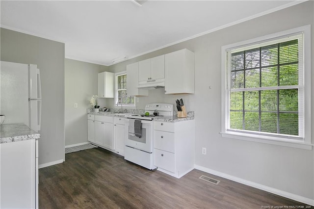 kitchen with sink, crown molding, white range with electric cooktop, white cabinets, and dark hardwood / wood-style flooring