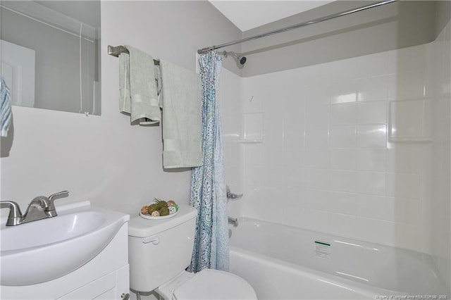 full bathroom with toilet, vanity, and shower / bathtub combination with curtain