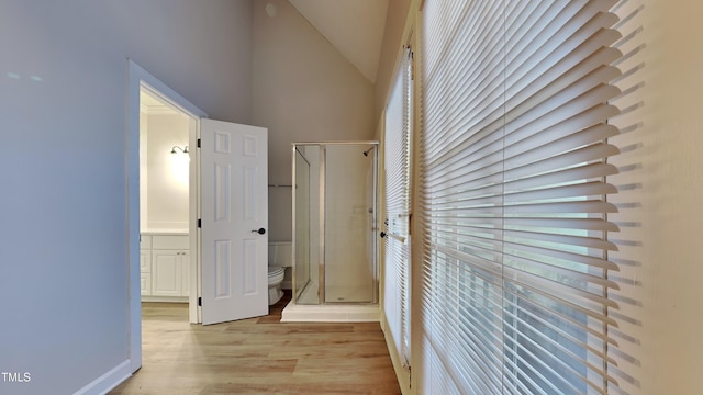 hall featuring lofted ceiling and light wood-type flooring