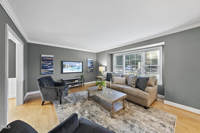 living room featuring ornamental molding and light hardwood / wood-style flooring