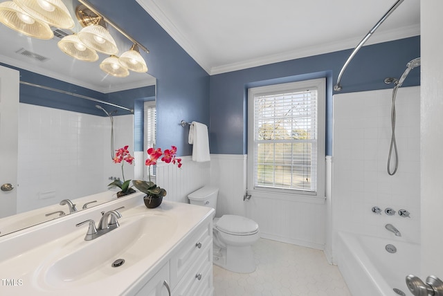 full bathroom featuring crown molding, tile patterned floors, vanity, and shower / bathing tub combination