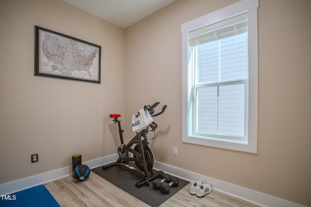 workout room with hardwood / wood-style floors