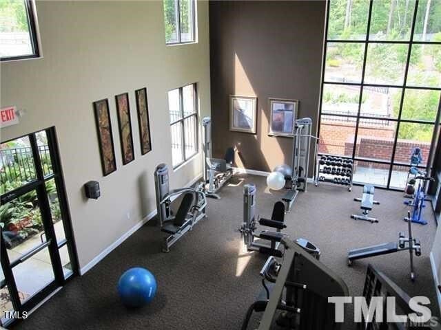 workout area with a high ceiling