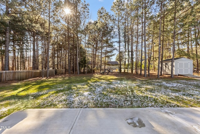 view of yard featuring a storage shed