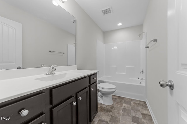 full bathroom featuring toilet, shower / bathtub combination, and vanity