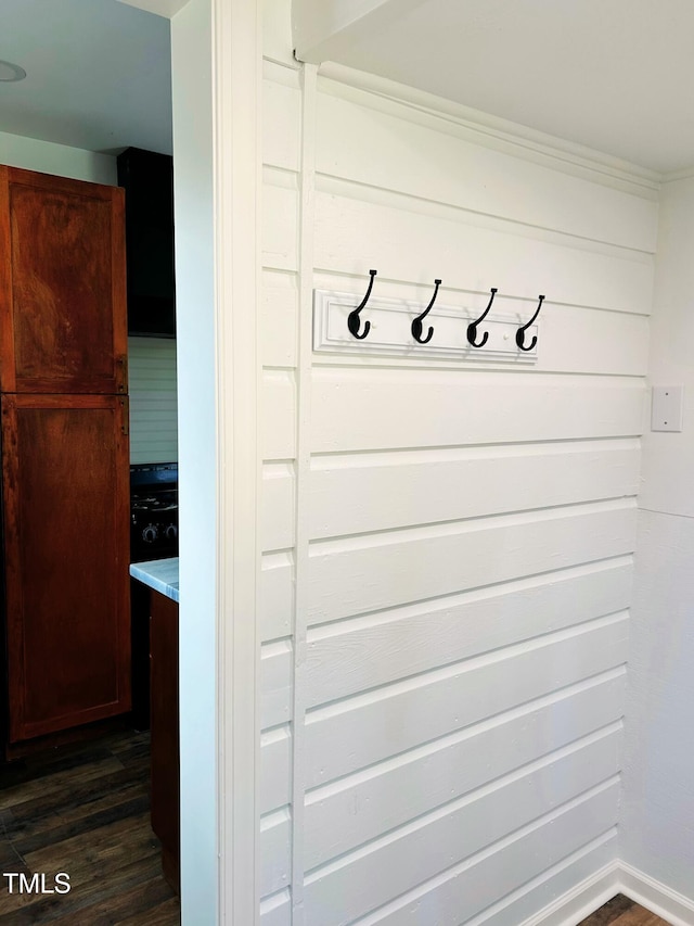 mudroom featuring dark wood-type flooring