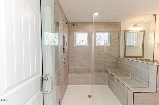 bathroom featuring a shower with shower door