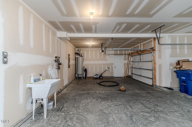 garage with water heater and a garage door opener