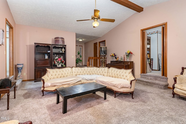 living room featuring carpet floors, a textured ceiling, lofted ceiling with beams, and ceiling fan