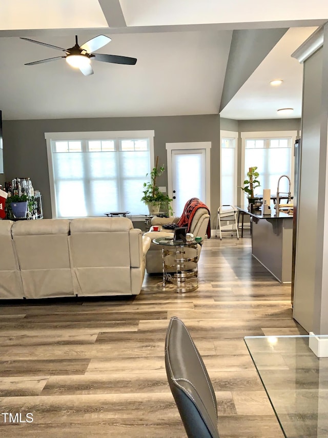 living room with lofted ceiling, wood-type flooring, and ceiling fan