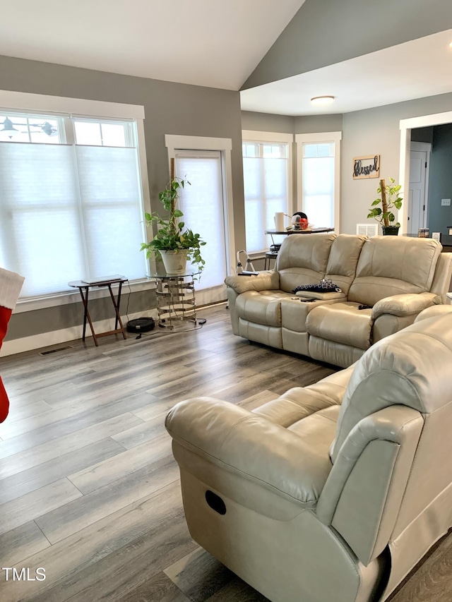 living room with a healthy amount of sunlight, vaulted ceiling, and light hardwood / wood-style floors