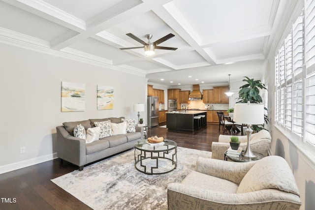 living room with coffered ceiling, baseboards, a ceiling fan, and dark wood-style flooring