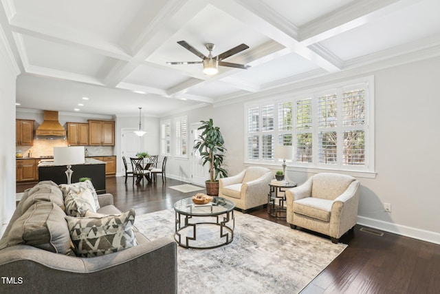 living area featuring baseboards, beam ceiling, coffered ceiling, a ceiling fan, and dark wood-style flooring