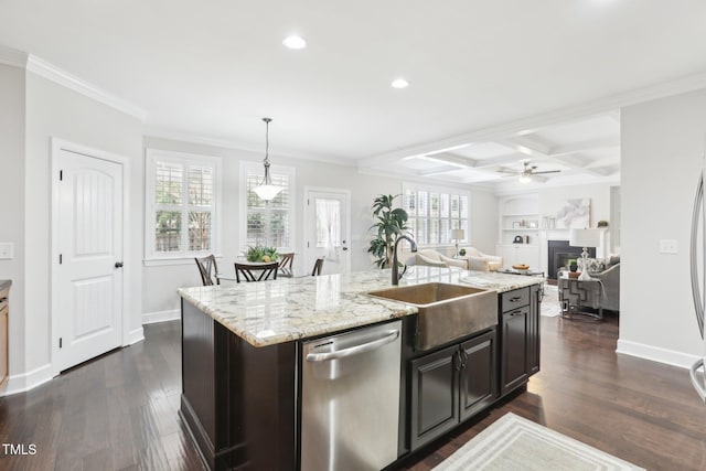 kitchen featuring stainless steel dishwasher, dark wood finished floors, coffered ceiling, and a sink