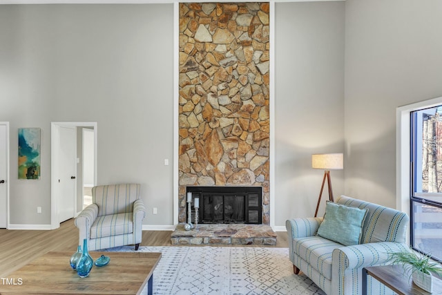 living room featuring light hardwood / wood-style floors and a fireplace